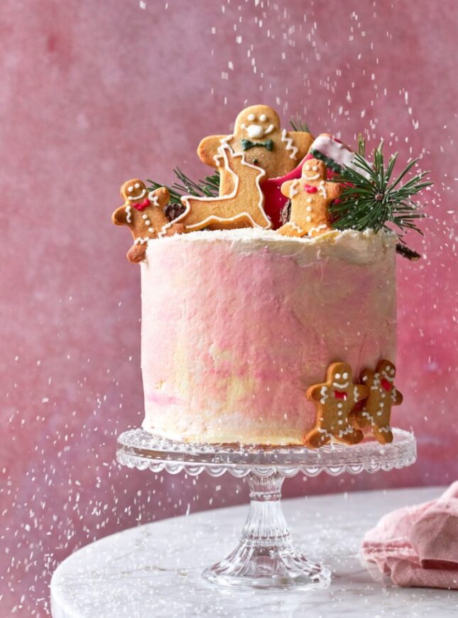 Christmas-cakewb-Perfect-Pastry-high-res-1 vegan-kerst-taart-roze-koek-manetjes-erop