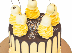 verjaardagstaart-geel-kersen-drip-sprinkles